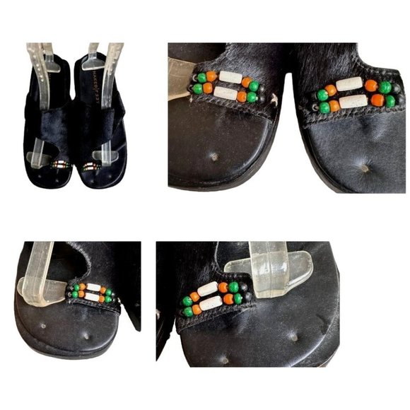 Naked Feet Sandals Flats 8.5 Beaded Toe Loop Black Leather Nubuck Square… - Picture 4 of 13
